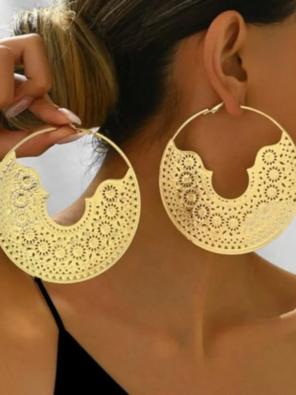 New - Chunky Metal Hoop‎ Earrings Vintage Bohemian Textured Statement Earrings